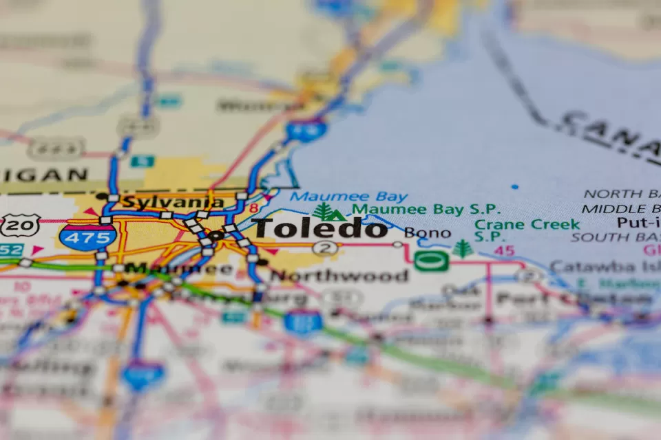 Close-up on map of Toledo, Ohio.